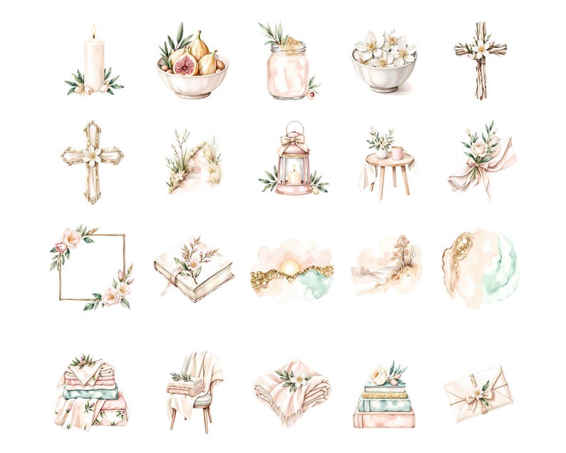 May include: Watercolor illustrations of various objects, including a candle, figs in a bowl, a jar, flowers, crosses, a lantern, a table, a bouquet, a frame, a book, and blankets. The color palette is soft and neutral.