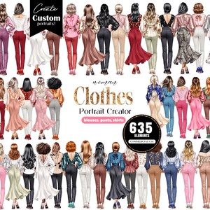 Op de afbeelding: Digitale illustratie met een verzameling dameskleding. De afbeelding bevat verschillende blouses, broeken en rokken, met de tekst "Create Custom Portraits!" en "Woman Clothes Portrait Creator" zichtbaar.