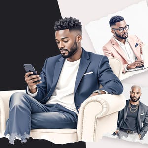 May include: An illustration of a man in a navy blue suit, white shirt, and a black smartphone. He is seated in a cream-coloured armchair. Additional images show men in business attire, including a pink blazer and a grey suit.