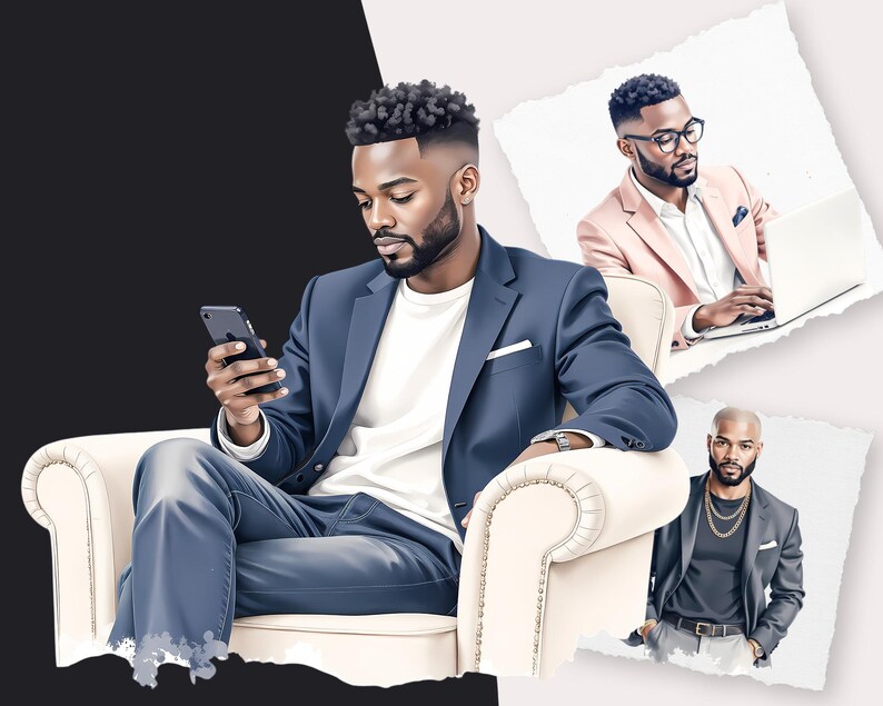 May include: An illustration of a man in a navy blue suit, white shirt, and a black smartphone. He is seated in a cream-coloured armchair. Additional images show men in business attire, including a pink blazer and a grey suit.