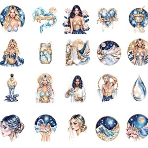 Aquarius Zodiac Clipart, Astrology Water Bearer Clip Art, Celestial Mermaid & Moon Illustrations, Cosmic PNG Bundle, 50 PNG image 2