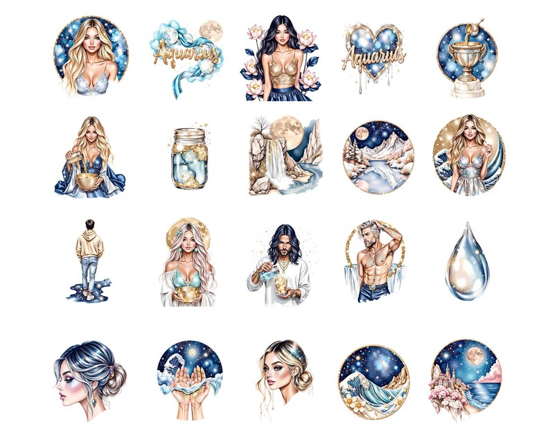 Aquarius Zodiac Clipart, Astrology Water Bearer Clip Art, Celestial Mermaid & Moon Illustrations, Cosmic PNG Bundle, 50 PNG image 2