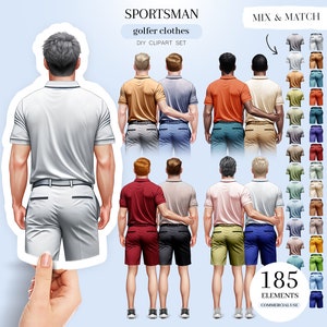 Pu&ograve; includere: Un set di clipart digitale di abbigliamento da golf, con cinque tonalit&agrave; di pelle, 185 elementi e un design da mixare e abbinare. Il set include varie maglie, pantaloncini e pantaloni in diversi colori e motivi.
