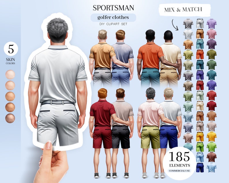 Pu&ograve; includere: Un set di clipart digitale di abbigliamento da golf, con cinque tonalit&agrave; di pelle, 185 elementi e un design da mixare e abbinare. Il set include varie maglie, pantaloncini e pantaloni in diversi colori e motivi.