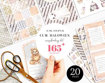May include: A collection of scrapbook elements with a cute Halloween theme. The image includes patterned papers, tags, and stickers with illustrations of a ghost, bear, pumpkin, and owl. The text reads "Junk Journal Cute Halloween Scrapbooking Kit" with "165+ elements" and "20 pages".