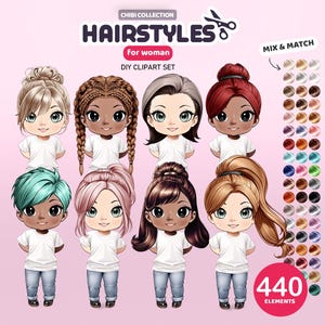 ミックス チビ 女性ヘア クリップアート、女性ヘアスタイル、人形クリエイター、ヘア PNG、カスタム ポートレート、人形のヘアスタイル、カスタマイズ可能なクリップアート