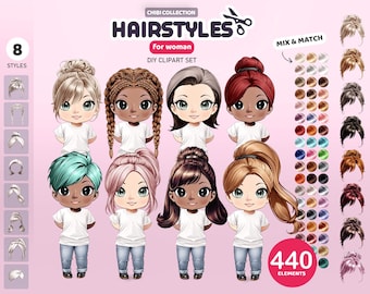 Chibi Female Hair Clipart: 440 Hairstyles for Dolls (PNG Digital Download)