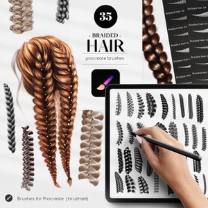 May include: A set of 35 Procreate brushes for creating braided hair. The brushes are shown on a white background with a hand holding a stylus on a tablet. The brushes are designed to create realistic-looking braids in various styles and colors.
