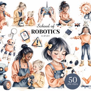 Peut inclure: Ensemble de cliparts à l'aquarelle représentant des enfants et des adultes interagissant avec des robots et des composants robotiques. Le texte "School of Robotics Clipart" et "50 .PNG FILES" est inclus.