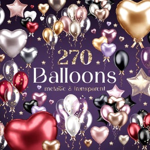 May include: A collection of 270 metallic and transparent balloons in various shapes, including hearts, stars, and round balloons. The balloons are arranged on a purple background with confetti.