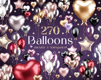 Clipart di palloncini metallici: cuori in lamina, stelle, arcobaleno PNG (download digitale)