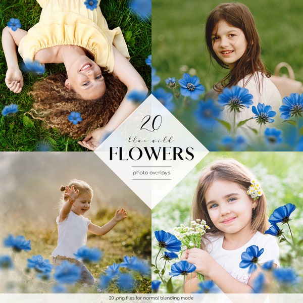 Blue Wild Flowers Photo Overlays, Wildflowers Clipart, 20 PNG Files, Summer Photoshop Overlays, Blue Flowers Photoshop, Free Commercial Use