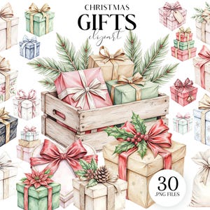 Pode incluir: Ilustração em aquarela de presentes de Natal em vários tamanhos e cores, incluindo rosa, verde e bege. Alguns presentes estão em uma caixa de madeira, e outros são embalados individualmente com laços. A imagem inclui o texto "CHRISTMAS GIFTS clipart" e "30 .PNG FILES."