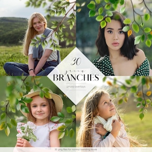Puede incluir: Imagen compuesta con cuatro retratos superpuestos con ramas verdes. Un gráfico central en forma de diamante muestra "30 green BRANCHES photo overlays" y "30 .png files for normal blending mode". Los retratos incluyen mujeres y niños.