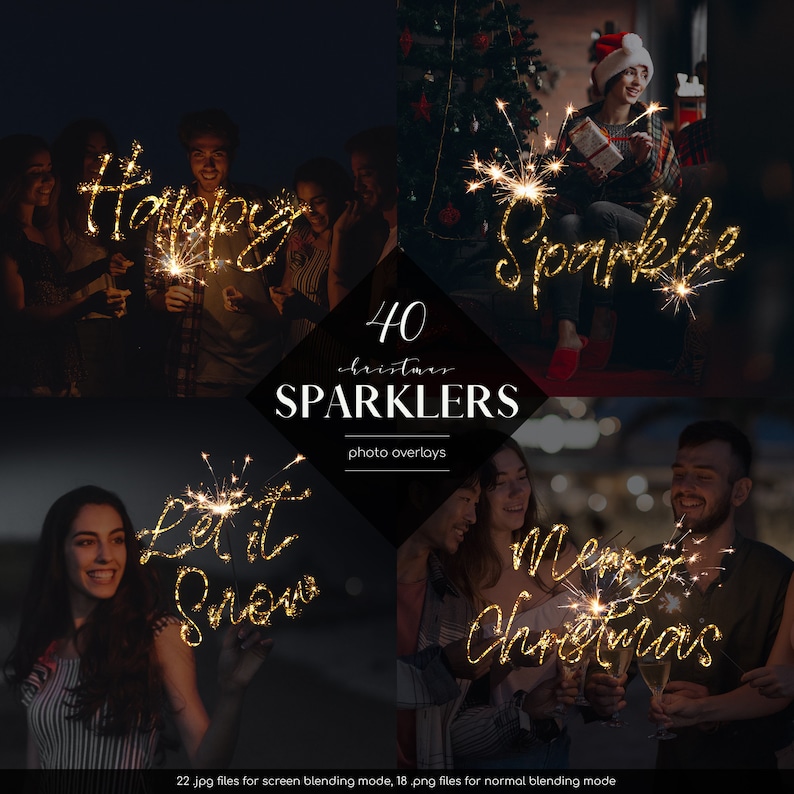 May include: 40 Christmas sparkler overlays for photos. The overlays feature various festive phrases like "Happy", "Sparkle", "Let it Snow", and "Merry Christmas" written in sparkling gold.