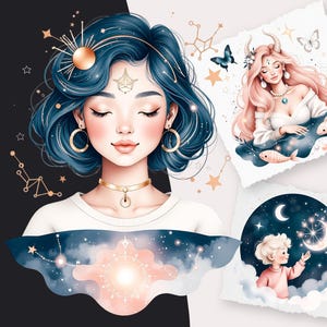 Pode incluir: Arte digital com uma mulher de cabelo azul, joias douradas e olhos fechados. A imagem inclui ilustra&ccedil;&otilde;es de signos do zod&iacute;aco, uma mulher de cabelo rosa e uma crian&ccedil;a alcan&ccedil;ando a lua. O tema geral &eacute; celestial e m&iacute;stico.