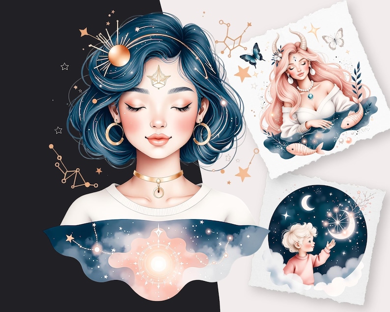 Pode incluir: Arte digital com uma mulher de cabelo azul, joias douradas e olhos fechados. A imagem inclui ilustra&ccedil;&otilde;es de signos do zod&iacute;aco, uma mulher de cabelo rosa e uma crian&ccedil;a alcan&ccedil;ando a lua. O tema geral &eacute; celestial e m&iacute;stico.