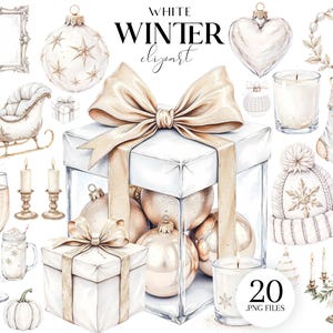May include: Watercolor illustration of winter holiday decorations. Includes ornaments, candles, a gift box with a large bow, a stocking, a hat, and a sleigh. The text "WHITE WINTER clipart" is at the top.