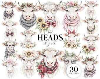 Cow Head Clipart PNG, Watercolor Farm Animals with Glasses, Cute Cow Face Illustration Set