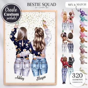 Clipart Bestie Squad, Clip Art Party Besties, Creatore di ritratti di ragazze, PNG Best Friends, Ritratto personalizzato, Arte personalizzata