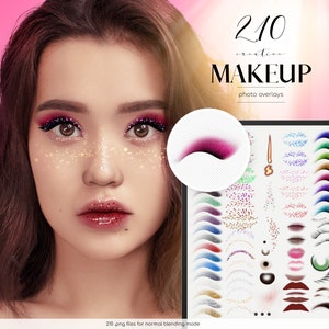 Può includere: 210 sovrapposizioni fotografiche creative per il trucco. Un foglio digitale con una varietà di elementi di trucco colorati, tra cui glitter, ciglia, labbra e ombretti. Il foglio è visualizzato su un tablet.