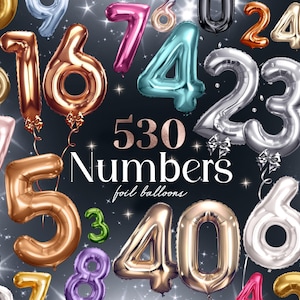 Puede incluir: Una colección de 530 globos de números de lámina en varios colores, incluyendo dorado, plateado, rosa, azul y verde. Los globos están dispuestos en un patrón aleatorio sobre un fondo negro con luces brillantes.