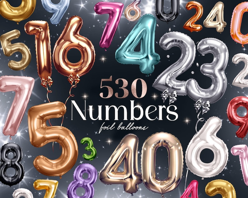 Pu&ograve; includere: Una collezione di 530 palloncini numerati in lamina di vari colori, tra cui oro, argento, rosa, blu e verde. I palloncini sono disposti in modo casuale su uno sfondo nero con luci scintillanti.