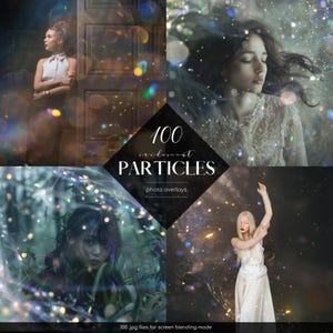 May include: A set of 100 iridescent particle photo overlays. The overlays are in a variety of shapes and sizes, and they are perfect for adding a touch of magic to your photos. 100 jpg files for screen blending mode.