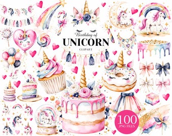 May include: Watercolor clipart set featuring unicorns, cakes, cupcakes, donuts, bows, and other party elements. The text "Birthday of Unicorn Clipart" is displayed. Includes 100 PNG files.