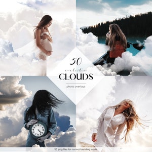 May include: A set of 50 realistic cloud photo overlays for digital editing. The image shows four different examples of how the clouds can be used to create unique and interesting effects in photos. The text "50 realistic CLOUDS - photo overlays" is displayed in the center of the image.
