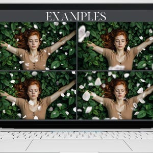 May include: A laptop screen displays four images of a person lying in green foliage with arms outstretched. White flower petals float around the person. The word "EXAMPLES" is at the top of the screen.