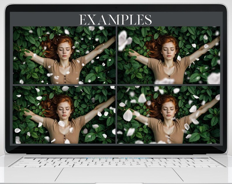 May include: A laptop screen displays four images of a person lying in green foliage with arms outstretched. White flower petals float around the person. The word "EXAMPLES" is at the top of the screen.