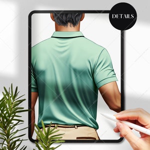 Pu&ograve; includere: Un'illustrazione digitale di una persona che indossa una polo verde chiaro con colletto nero e pantaloni beige. La persona &egrave; di spalle allo spettatore.