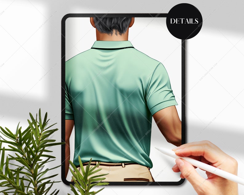 Pu&ograve; includere: Un'illustrazione digitale di una persona che indossa una polo verde chiaro con colletto nero e pantaloni beige. La persona &egrave; di spalle allo spettatore.