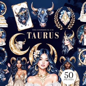 May include: A collection of 50 PNG files featuring Taurus-themed illustrations. The images include portraits of people, zodiac symbols, and celestial elements in shades of blue, gold, and white, set against a dark blue background. The text "TAURUS" is also visible.