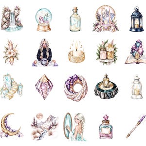 May include: Watercolor illustrations of mystical and spiritual items. The image includes a waterfall, snow globe, bottles, candles, a woman, crystals, a book, a crescent moon, a mirror, and a perfume bottle.