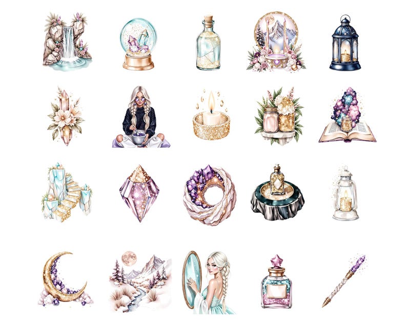 May include: Watercolor illustrations of mystical and spiritual items. The image includes a waterfall, snow globe, bottles, candles, a woman, crystals, a book, a crescent moon, a mirror, and a perfume bottle.