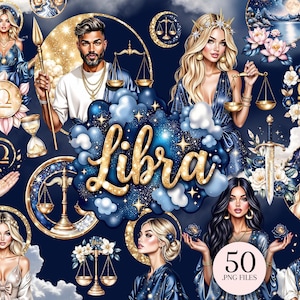 Puede incluir: Ilustración digital con ilustraciones de personas, balanzas y elementos celestiales. La palabra "Libra" está en letras doradas. La imagen tiene un fondo azul oscuro con estrellas y nubes, e incluye el texto "50 .PNG FILES".