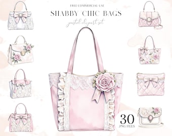 Shabby Chic Bags Clipart Set – Pastel Elegant Handbag PNGs, Vintage Purse Illustrations for Scrapbooking & Fashion Design