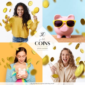 Könnte beinhalten: Ein zusammengesetztes Bild mit vier Abschnitten, die Menschen und ein Sparschwein zeigen, alle mit Goldmünzen. Der Text "30 gold coins photo overlays" befindet sich in der Mitte. Unten links steht "30 .png files for normal blending mode."