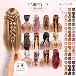編み込みヘアスタイルのクリップアート、美しい髪のイラスト、女性の髪のPNGグラフィックス