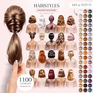 カジュアルなティーンのヘアスタイルのクリップアート、ティーンのヘアのイラスト、女性のヘア PNG グラフィックス