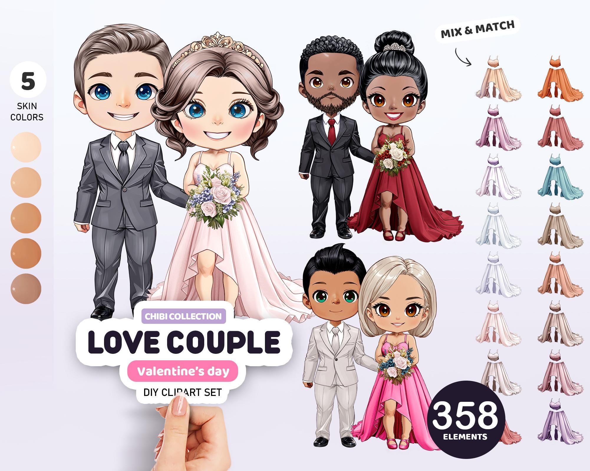 Chibi Love Couple Clipart, Husband and Wife Portrait Creator, Lovers Personalized Portrait, Custom Doll Clipart, Customizable Clipart,