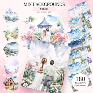 Mix achtergronden Clipart, aquarel achtergronden, natuur, bruiloft, lucht, abstract, zomer, winter, strandachtergronden
