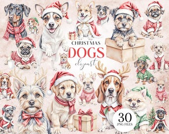 May include: Watercolor clipart featuring various dog breeds dressed in festive Christmas attire, including Santa hats, scarves, and sweaters. The image includes the text "CHRISTMAS DOGS clipart" and "30 .PNG FILES".