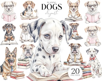 May include: Watercolor clipart featuring various dog breeds, each depicted reading books or working on a computer. The image includes a Dalmatian, Beagle, Bulldog, and others, all wearing glasses and bow ties. The text "READING DOGS clipart" is at the top.