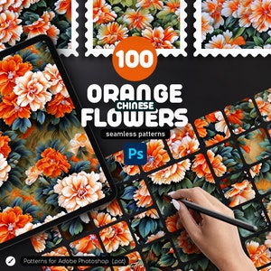 Orange blommiga Photoshop-mönster: 100 sömlösa kinesiska blommor (.PAT)