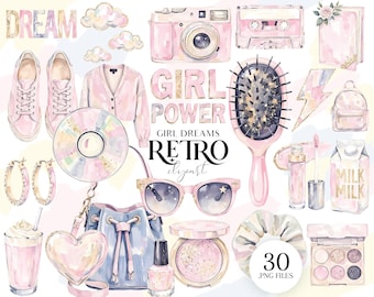 May include: Watercolor clipart set featuring a retro theme with pink and gold accents. Includes a pink camera, sneakers, a cardigan, sunglasses, a purse, a hairbrush, and other accessories. The words "DREAM", "GIRL POWER", and "RETRO" are visible.