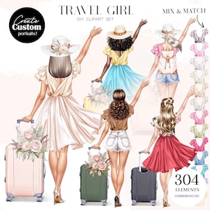 Clipart di ragazza in viaggio: grafica PNG personalizzabile (download digitale)