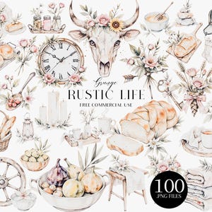 May include: Watercolor illustrations of rustic life elements. Includes a clock, bread, flowers, a bull skull, and other farmhouse-style objects. The text "Grunge Rustic Life" is visible, along with "100 .PNG FILES".